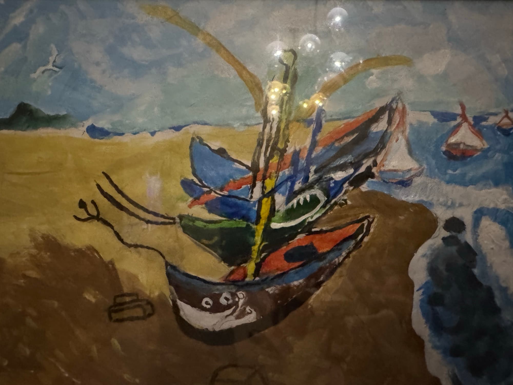 Colourful fishing boats on a sandy beach, sails at sea and a pale sky — after Van Gogh