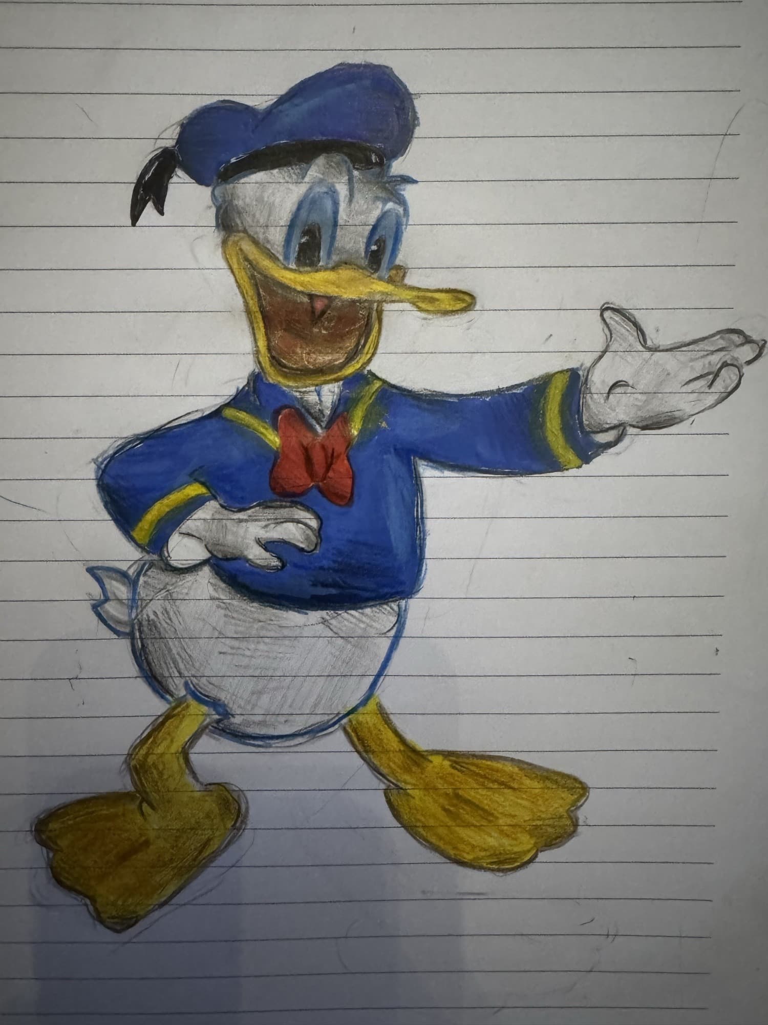 Donald Duck in his blue sailor suit and red bow tie, one hand outstretched, on lined paper