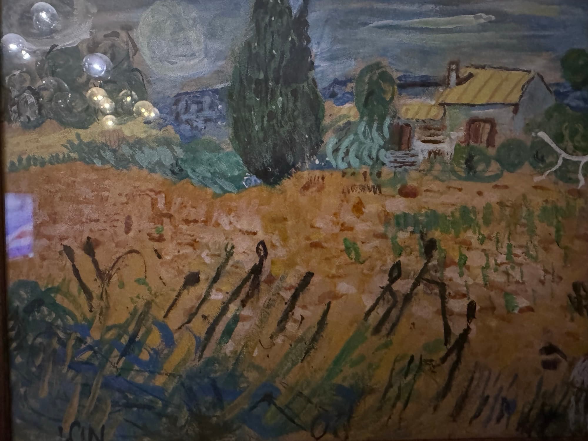 A golden wheat field, a dark green cypress in the centre, a house with a yellow roof on the right and a moon in the sky — after Van Gogh