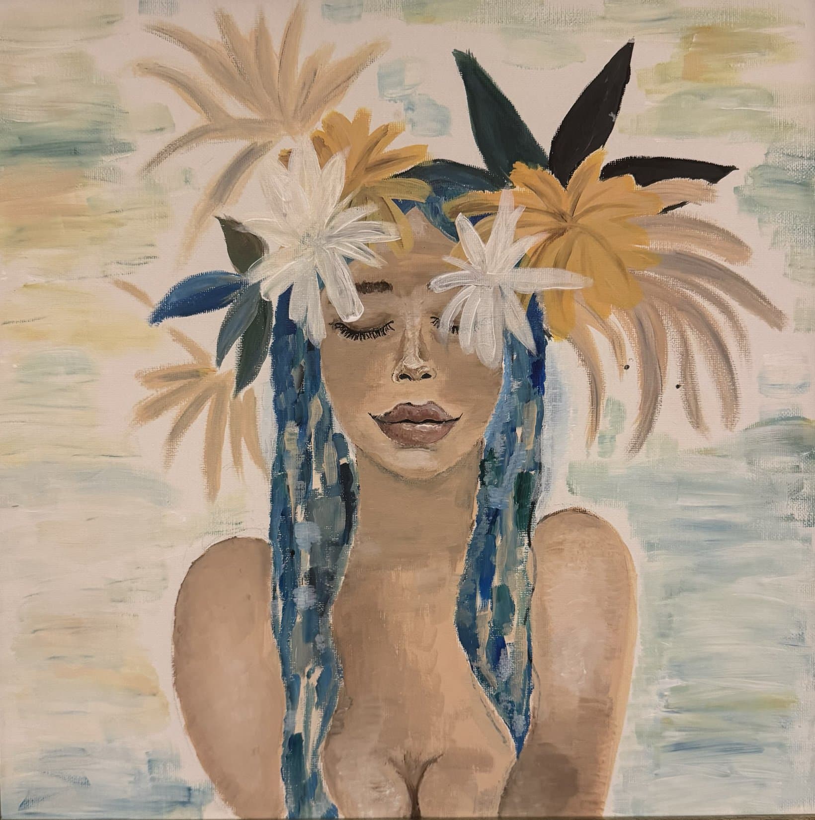 A portrait of a woman with closed eyes, sea-blue braids and white and yellow flowers in her hair, on a pale ground