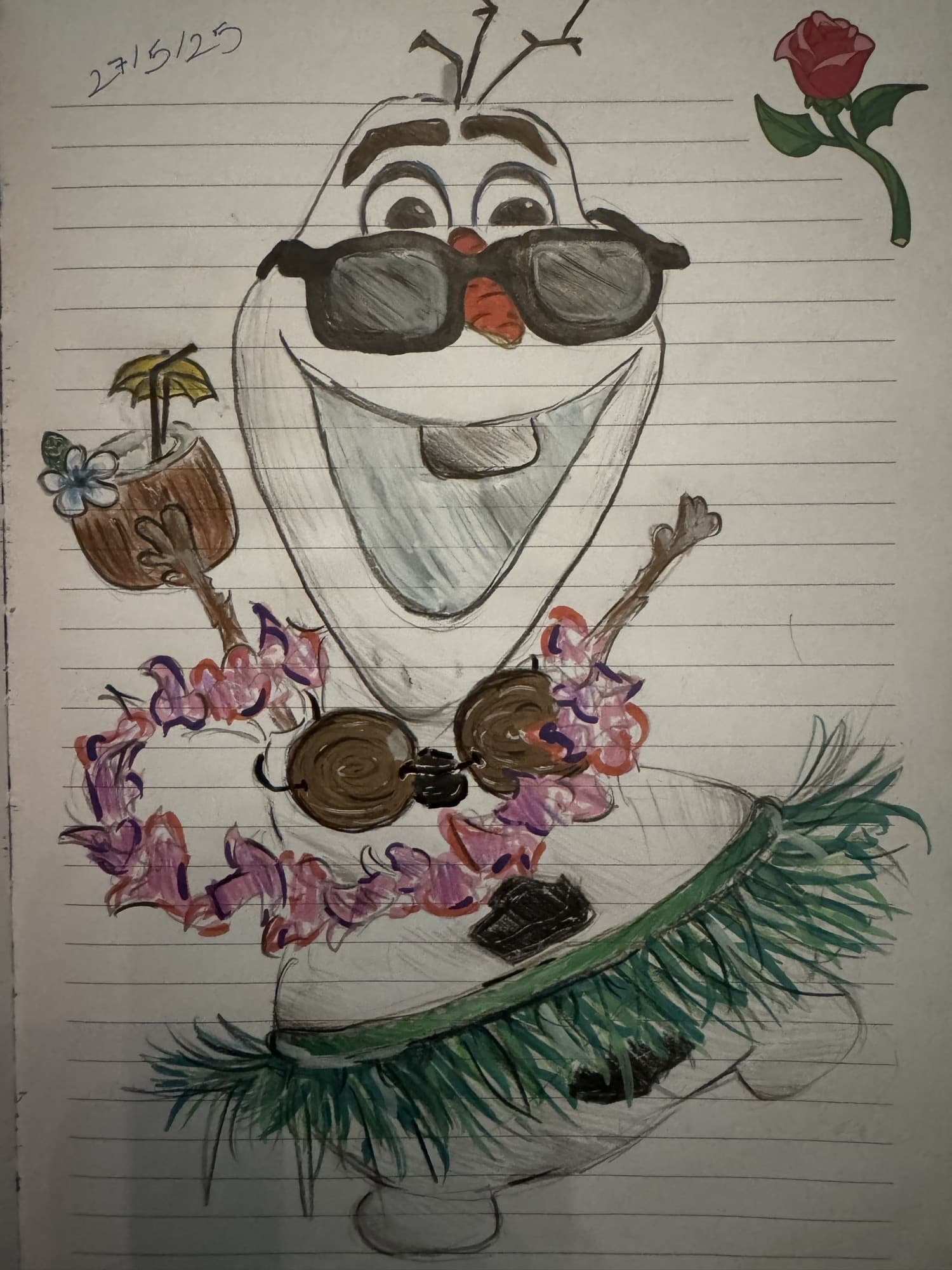 Olaf in summer gear: sunglasses, a grass skirt, a pink flower lei and a coconut cocktail, on a diary page