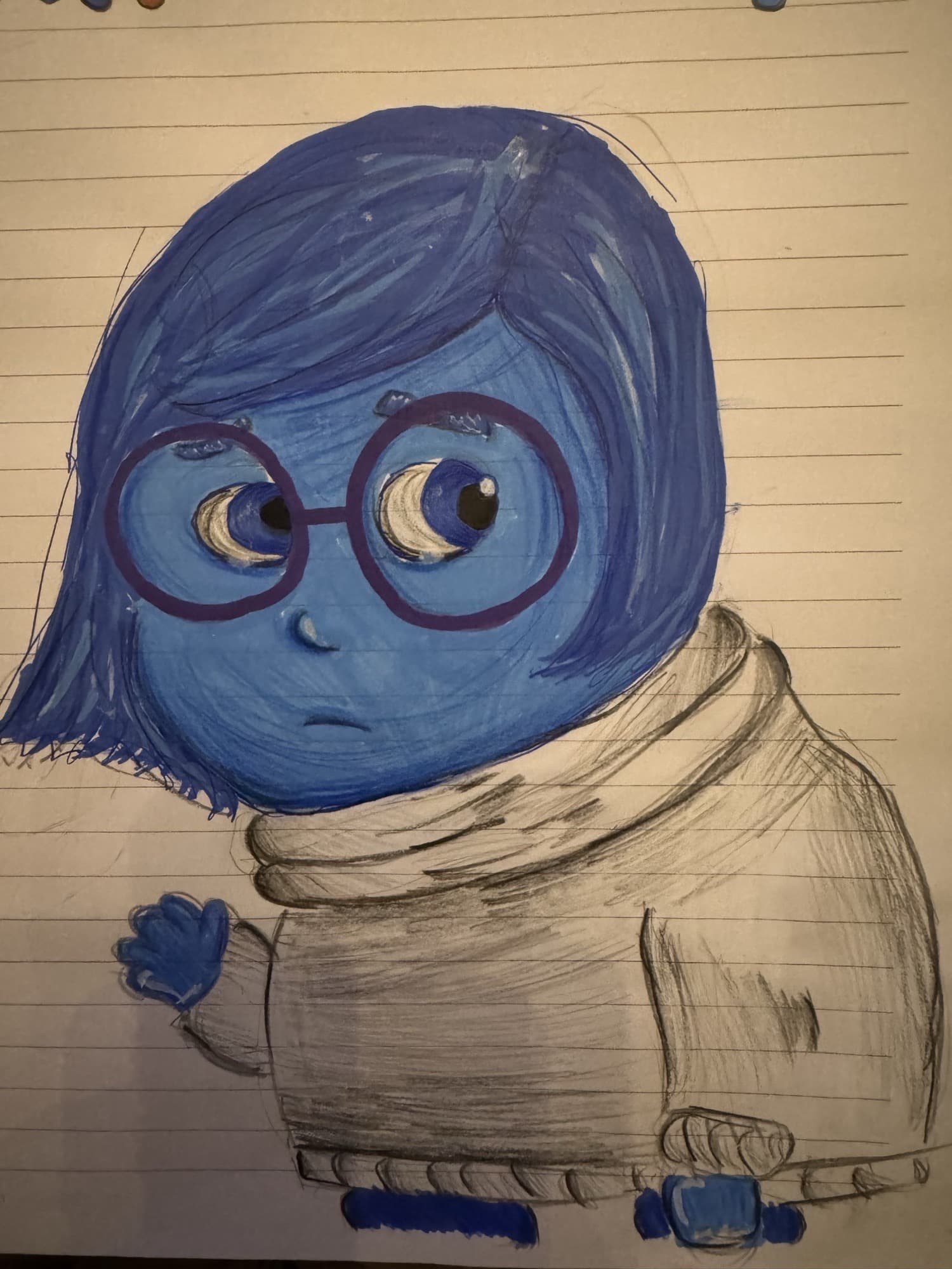 The character Sadness from Inside Out: blue hair, round purple glasses and a pencil-drawn white sweater, on lined notebook paper