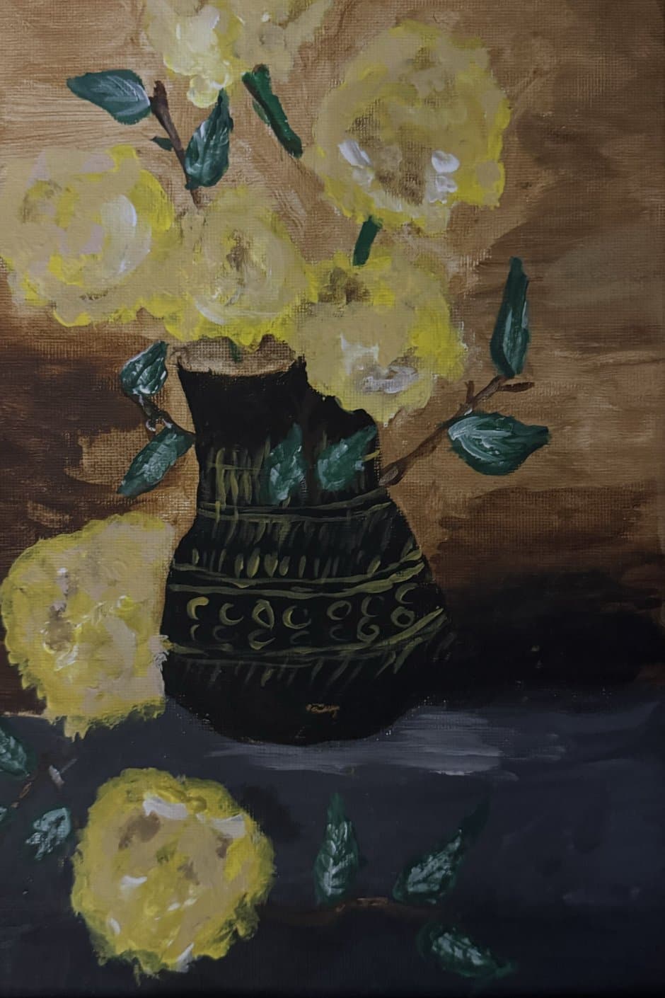 A dark vase with golden ornaments holding yellow roses, more flowers resting on the table, against a warm brown ground